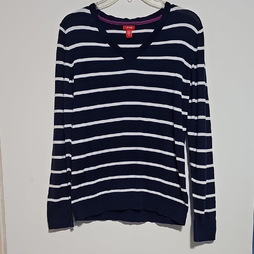 Izod Navy and White Striped V-Neck Sweater Cotton Sz L Golf Gameday UNC Tarheels
